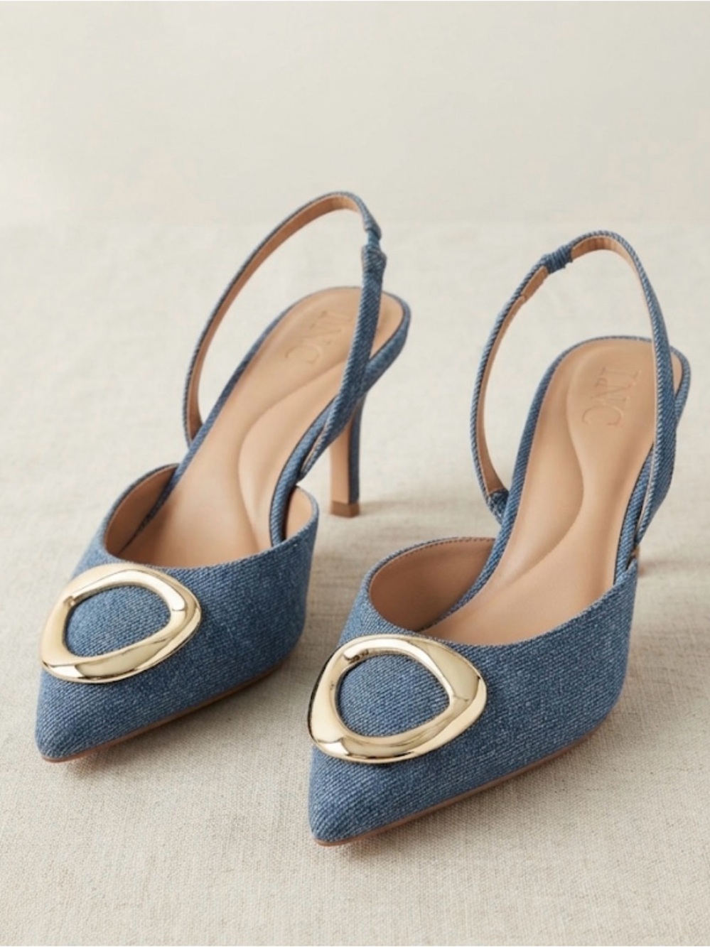 INC Blue Denim Slingback Pointed-Toe Heels with Gold Accent